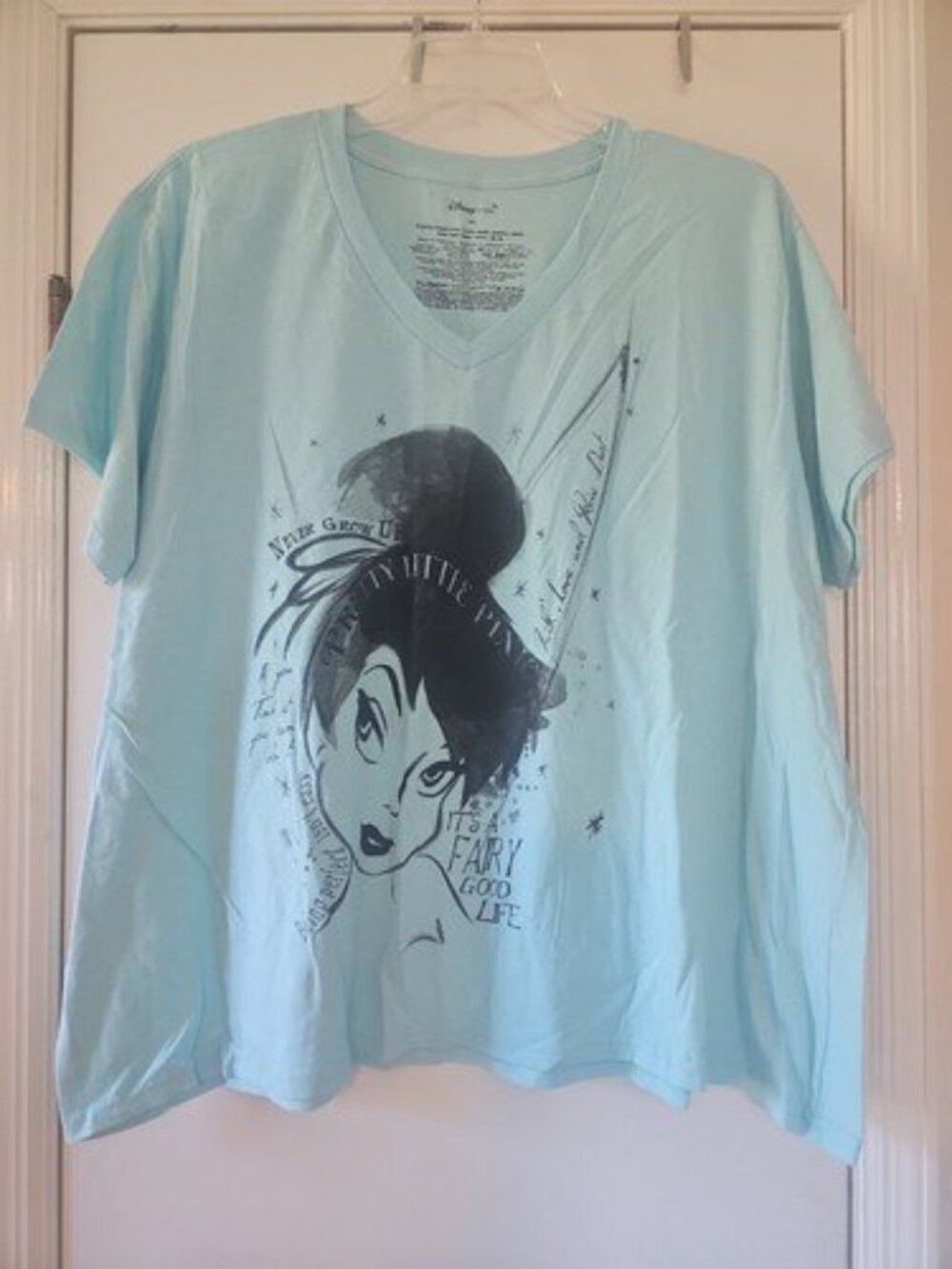 Women's Light Blue Short Sleeve V-Neck Tinkerbell T-Shirt-Size: 4XL